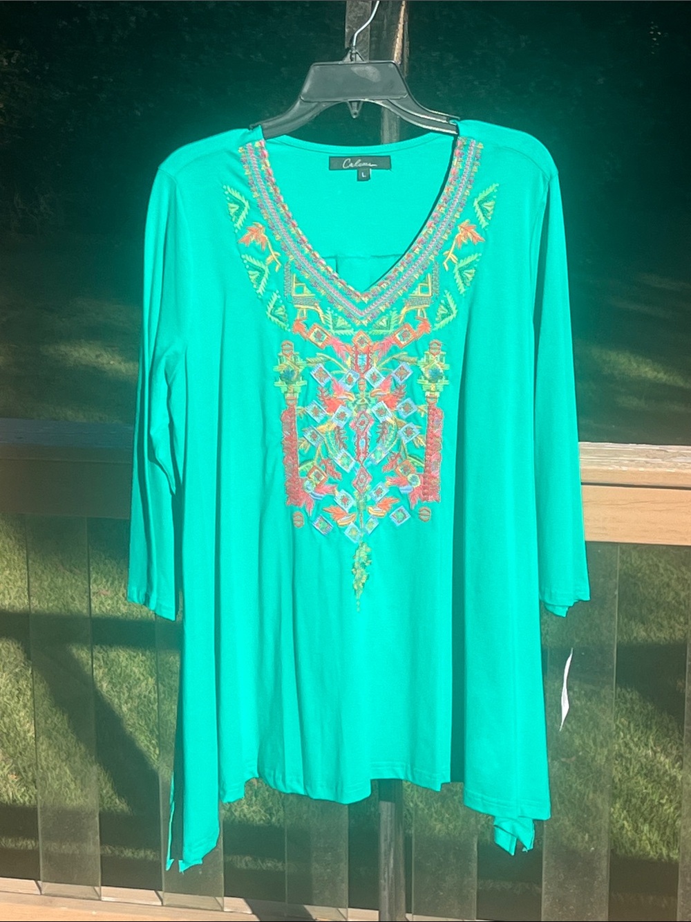 Calessa Teal Embroidered V-Neck Tunic Top